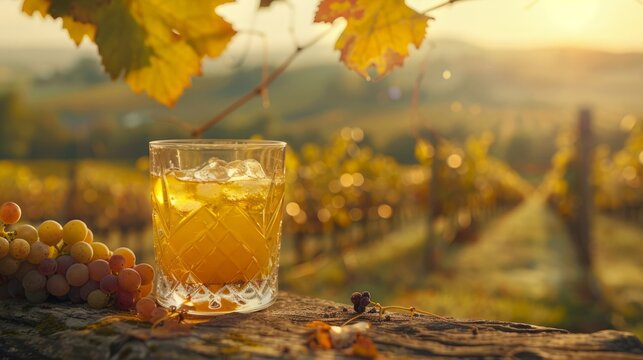 Bottle of grape juice and glass juice and grapes on a wooden table, a vineyard behind