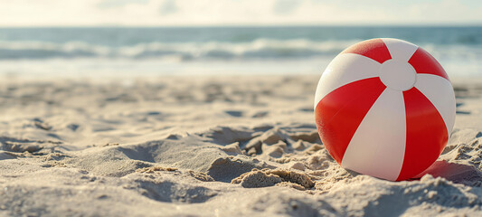 Obraz premium Beach ball on sand with blue sky and sea background. Summer vacation concept. Image for travel advertising, beach party posters, and holiday promotions. Banner with copy space.