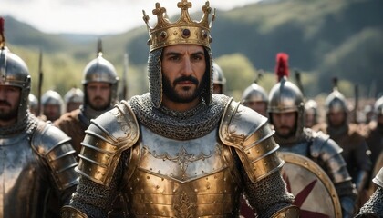 Obraz premium King in Armor Leads Army in Medieval Battle