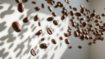 Coffee Beans Falling Through Air on White Background