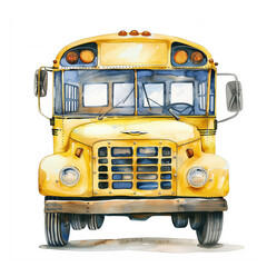 Watercolor Yellow School Bus Front View on White Background