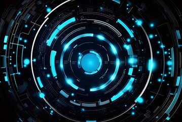 Digital circles with blue glowing dots and sci-fi HUD circle. Big Data visualization into cyberspace. Network Information Decay. Futuristic background. Vector illustration. EPS 10.

