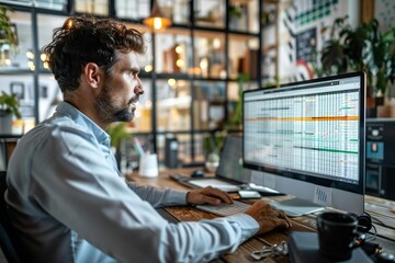 Beautiful businessman working with spreadsheets on desktop computer in office.