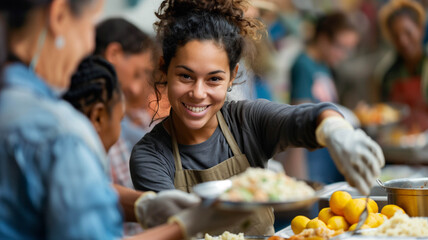 A compassionate volunteer, wearing an apron and gloves, serving hot meals to a diverse group of people at a bustling soup kitchen