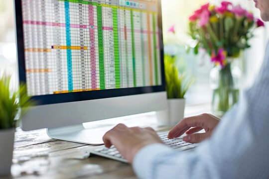 Beautiful businessman working with spreadsheets on desktop computer in office.