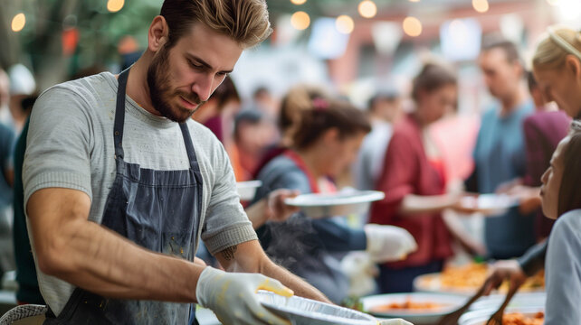 A compassionate volunteer, wearing an apron and gloves, serving hot meals to a diverse group of people at a bustling soup kitchen