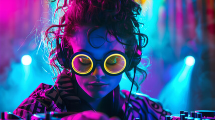 A crazy rave girl DJ with futuristic sunglasses, performing on stage with vibrant neon lights