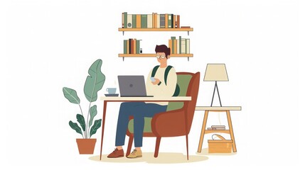 Fototapeta premium Man Working at Home Office Desk with Laptop and Bookshelf