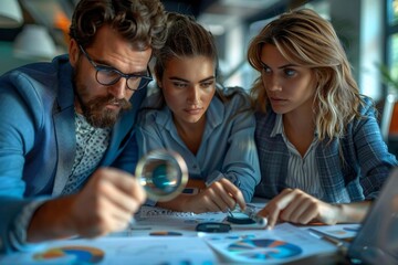 Fototapeta premium Beautiful businesspeople analyzing market segments with a magnifying glass in an office in Germany.