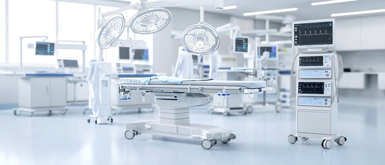 Modern surgical theatre equipped with advanced medical technology and lighting, ready for operations and patient care.