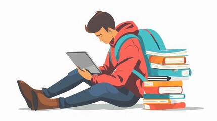 Student Studying with Tablet and Books - Digital Learning Illustration