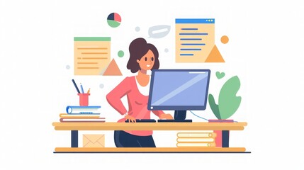Businesswoman Working on Computer at Desk - Illustration