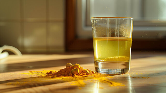 A glass of water with turmeric inside and a small pile of turmeric outside, set on a wooden kitchen table