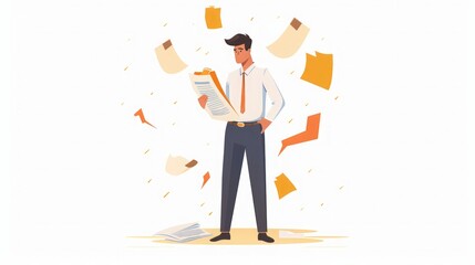 Overwhelmed Businessman with Paperwork - Illustration