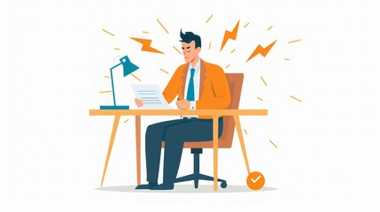 Fototapeta premium Stressed Man Working at Desk - Illustration