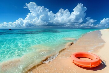 Obraz premium Beautiful panoramic view of a single lifebuoy on sand at the beach.