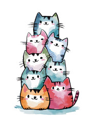 A vibrant and minimalist watercolor illustration featuring a stack of cute, smiling cats