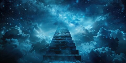 A mysterious pyramid stands on a cloudy night sky, ascending through the stars with its stairs inviting an adventure to another dimension.