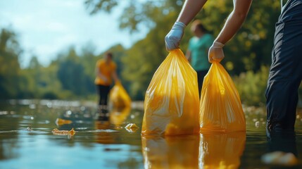 People collecting trash in yellow bags from a river, promoting environmental clean-up efforts.