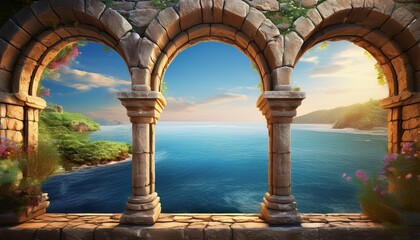 Fototapeta premium Medieval stone arch windows with a romantic view of the summer sea