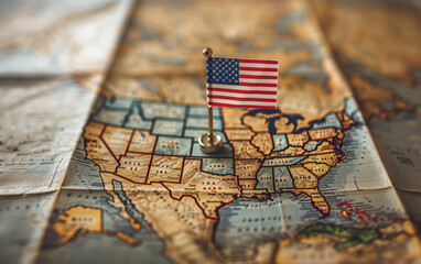 The Flag of United States on the old World Map