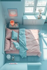 Modern minimalist bedroom with pastel colors and natural light from large windows