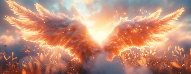 Beautiful angelic wings with bright yellow light between floating in a pink blue ethereal sky background with copy space