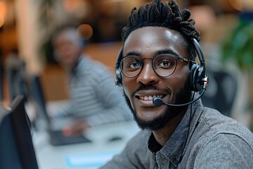 Beautiful black male customer service agent with headset providing support in a diverse call center team.