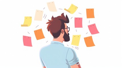 Obraz premium Man Thinking With Sticky Notes: A Visual Representation of Ideas and Inspiration