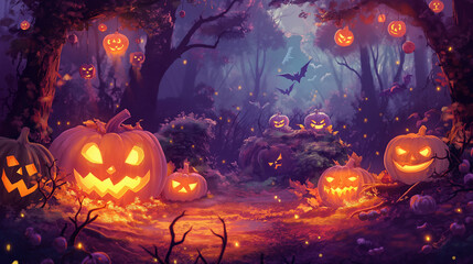 Enchanted Halloween Forest with Glowing Jack-o-lanterns and Mystical Atmosphere