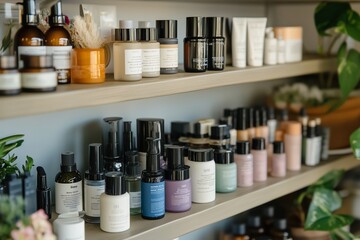 A beautifully organized shelf displaying an array of skincare products in a cozy store