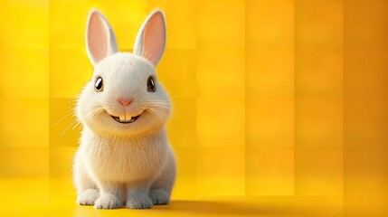 Adorable baby white rabbit sitting on yellow background