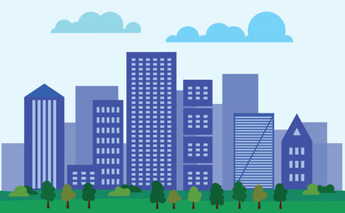 Cityscape with buildings and parkland. 2d Cartoon City Background with buildings. 
City illustration wallpaper.