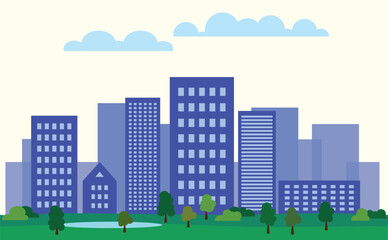 Cityscape with buildings and parkland. 2d Cartoon City Background with buildings. 
City illustration wallpaper.