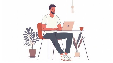 Man Working on Laptop at Home Office