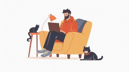 Man Working from Home with Cats - Cozy Home Office Illustration