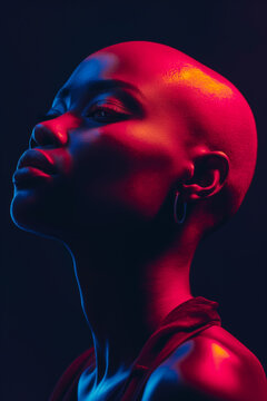 African-American woman with shaved head in profile in red light on black background. Generative AI.