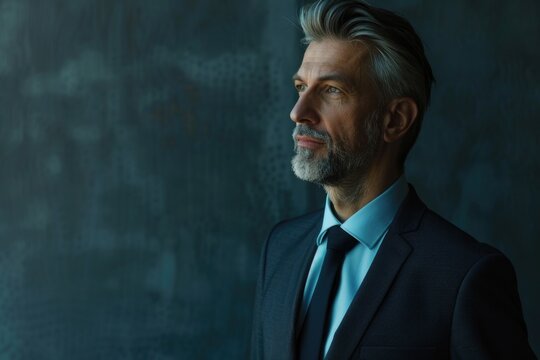 Bearded man in stylish suit and patterned tie, looking professional.