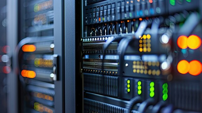 Network cables plugged in network switch. Technology data center. Illustration for banner, poster, cover, brochure or presentation.