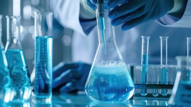 Scientist in a chemistry lab with flasks and other labware. Research and development concept for medical, biotechnology, molecular biology or chemistry research and development. Illustration.