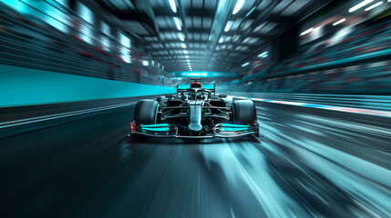 Powerful acceleration of a generic blue Formula One car on the night racing track of a sports stadium in motion blur. The concept of fast and powerful technology. 3d illustration