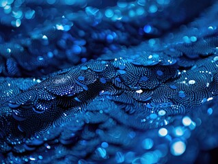 Close up of a vibrant blue sequined textile with sparkles and shine, used for clothing or decoration.