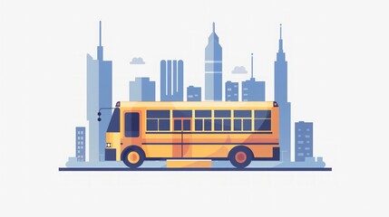 Yellow Bus in a Modern City Skyline - Vector Illustration