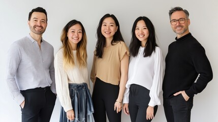 A diverse group of professionals posing together in a bright studio during a corporate photography session