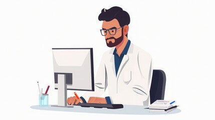 Doctor Working on Computer - Healthcare Professional at Desk