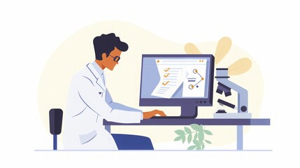 Scientist Working on Computer and Microscope in Laboratory