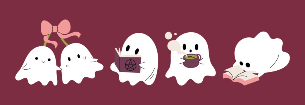 Halloween Cute Ghosts Set Vector Illustration in Various Activities with Tea, Book, and Cherry Tree with Ribbon in Flat Style