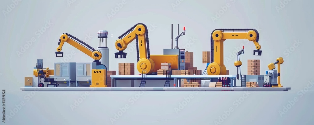 Poster modern automated production line with robotic arms in a factory setting