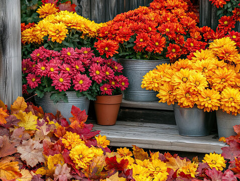 Pots of colorful fall mums 
