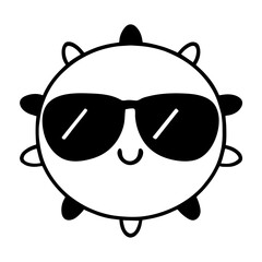 A cute black and white cartoon sun wearing sunglasses, with a simple and minimalist design